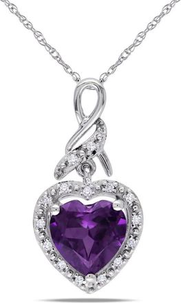 Amour Halo Heart Shaped Simulated Alexandrite Pendant and Chain with Diamonds In 10K White Gold