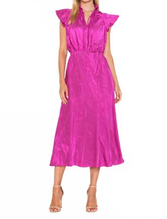 Amanda Uprichard Ruffle Neck Silk Midi Dress In Fuchsia