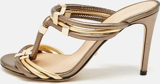 Sergio Rossi Green/gold Leather T Strap Slide Sandals