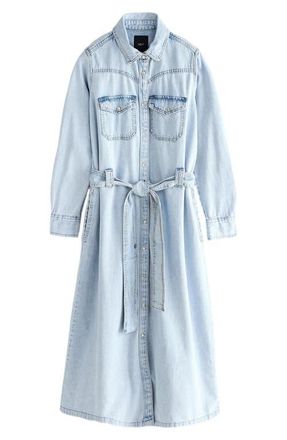 Next Tie Waist Long Sleeve Denim Maxi Dress in Blue at Nordstrom, Size 8 Us