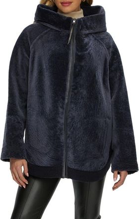 Gorski Reversible Textured Genuine Shearling Lamb Zip Parka with Ribbed Hem in Dark Blue/dark Blue at Nordstrom, Size X-Small