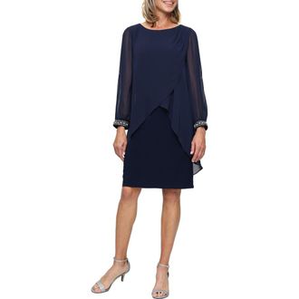 S.L. Fashions Cold Shoulder Long Sleeve Capelet Cocktail Dress in Navy at Nordstrom, Size 16P