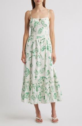 Moon River Tie Keyhole Cotton Midi Sundress in Green Multi at Nordstrom Rack, Size X-Small