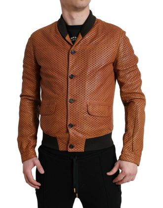 Dolce & Gabbana Brown Lambskin Leather Perforated Mens Jacket