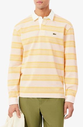 Lacoste Stripe Long Sleeve Rugby Polo in Jaune Chine/Candle Chine at Nordstrom, Size 4
