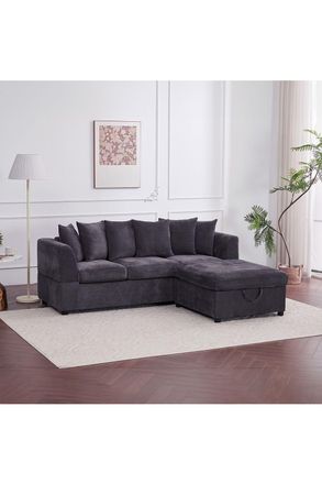 Living and Home Chenille Upholstered 3-Seater Sectional Sofa with Storage Ottoman & 6 Pillows in Grey