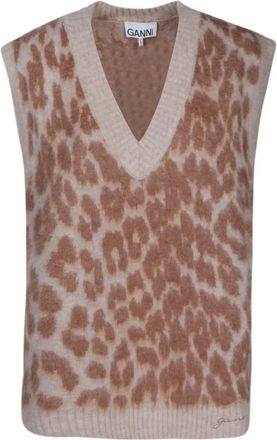 Ganni Leopard Jacquard Vest - Dames - V-hals truien - Bruin - 2XS - Wol - Truien & Vesten