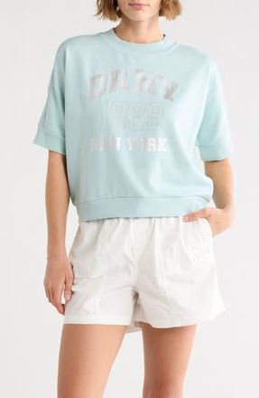 DKNY Rhinestone 1989 Logo Short Sleeve Crop Sweatshirt in Mineral at Nordstrom Rack, Size X-Large