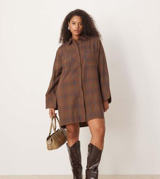 Asos Curve ASOS DESIGN Curve - Vestito camicia corto marrone a quadri con polsini ampi e tasche oversize-Multicolore