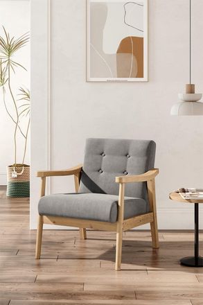 Living and Home Grey Wood Frame Upholstered Armchair with Round Leg