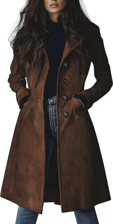 Generic Suede Jackets for Women Long Faux Suede Leather Jacket Vintage Classic Fitted Brown Shacket Coats Ladies Lapel Button Down Trench Coat with Pocket(Bro