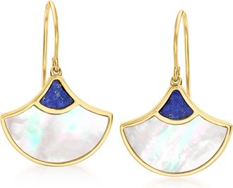Ross-Simons Mother-Of-Pearl and Lapis Fan Drop Earrings in 18kt Gold Over Sterling