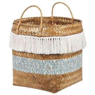 Beliani Cesta De Madera De Bamb&uacute; Natural Blanco Azul 42 Cm Asas R&uacute;stico Boho Mesuji