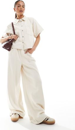 Pieces textured twill wide leg pants in raw cotton cream - part of a set-White