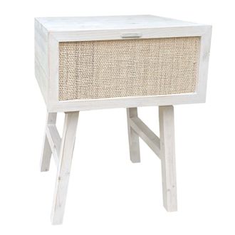 NATYAL Mesita de noche de madera y rafia natural en blanco envejecido 45cm