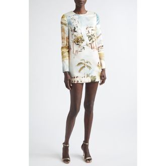 Oscar De La Renta Dominican Landscape Long Sleeve Minidress in Blue Green Mult at Nordstrom, Size 10