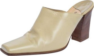 Sergio Rossi Cream Leather Block Heel Square Toe Mules