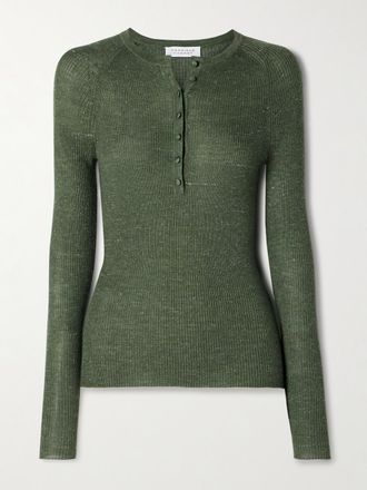 Gabriela Hearst Maglia Henley In Misto Cashmere, Seta E Canapa A Coste Anges - Verde