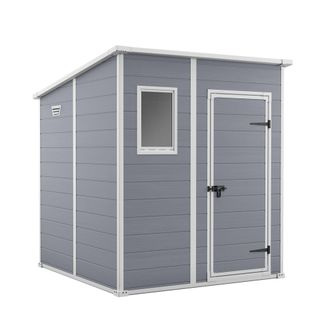 Keter Manor Pent 6x6 - Caseta De Jard&iacute;n 183,50x200x185 Cm 1 Puerta Para Almacenamiento De Herramientas Acabado Efecto Madera Rayada En Resina Gris