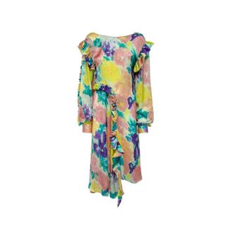 Remain Bloemen Midi Jurk met Ruches - Dames - Casual kleedjes - Veelkleurig - S - Kleedjes