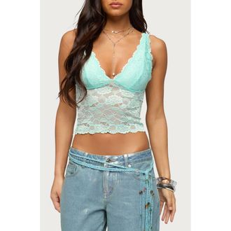 Edikted Vanya Lace V-Neck Tank in Aqua at Nordstrom, Size X-Large