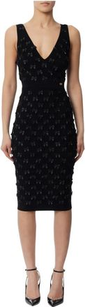 Elisabetta Franchi Kleedjes, Dames, Zwart, S, Viscose Stretch Midi-jurk met Diamantpatroon