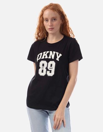 DKNY Womens Arched 89 Logo Crew Neck T-Shirt - Black/Multi - Size: 10/8