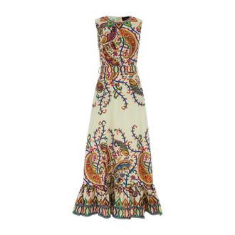 Etro Etro, Maxi Dresses, female, Multicolor, Size: M Long Cotton Dress with Placed Floral Paisley Print