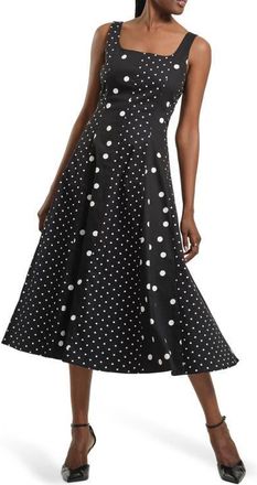 Isaac Mizrahi New York Seamed Stretch Cotton Midi Dress in Black White Dot at Nordstrom, Size 2