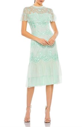 Mac Duggal Embroidered Ruffled Cap Sleeve Midi Dress in Mint at Nordstrom, Size 4