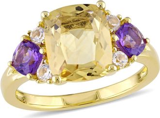 Amour 3 1/4 CT TGW Cushion-shape Citrine, Amethyst and White Topaz Ring In Yellow Plated Sterling Silver