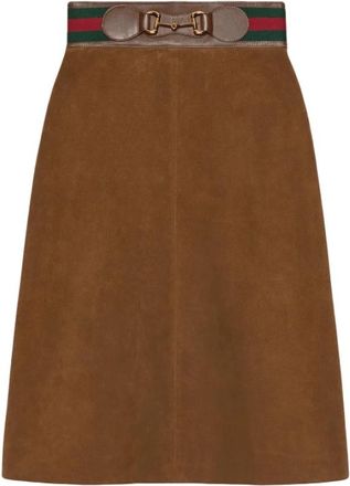 Gucci Su&egrave;de Rok met Web en Horsebit - Dames - Midirokken - Bruin - S - Su&egrave;de - Rokken
