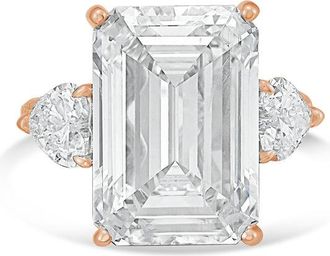 Diana M. Jewels 18kt Rose gold Lab grown 8ct Emerald diamond ring with heart diamonds on the side and micropave band