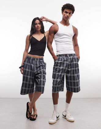 Collusion Unisex - Jorts ampi taglio lungo a quadri scuri-Multi