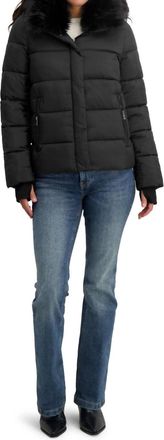Elie Tahari Short Quilted Puffer Jacket With Faux Fur Collar & Detachable Hood In Black