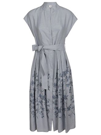 Eleventy Mid-Length Linen Dress With Mandarin Collar And Pleated Skirt