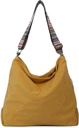 Generic Womens Fashion Corduroy Shoulder Bag Retro Simple Adjustable Wide Strap Large Capacity Zipper Crossbody Bag for Shopping Office Travel