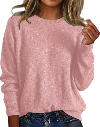Generic Glitter Pullover Womens Winter Elegant Winter JumperWarm Knitted Long Sleeve Crew Neck Sweaters Classic Solid Pullover Thick Fashion Warm Sweater Top 