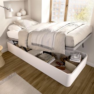 Dmora Cama Individual Arco, Contenedor, Colch&oacute;n 90x190 Cm, Estructura Con Esquinas Redondeadas, Contenedor Con Tela, Blanco