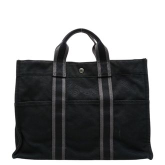 Herm&egrave;s Black Gray Cotton Handbag Tote Bag (Pre-Owned)