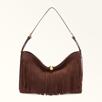 Furla Sfera Soft Borsa A Spalla L Toni Cioccolato Marrone Camoscio + Frange Donna