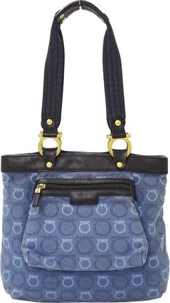 Ferragamo Gancini Blue Canvas Handbag Tote Bag (Pre-Owned)