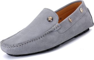 Generic Mens Loafers Shoes Suede Vamp with Rivet Stitching Details Genuine Leather Round Toe Flexible Anti-Slip Comfortable Casual Slip On(Grau,5.5 UK)