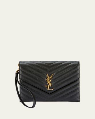 Saint Laurent YSL Monogram Flap Clutch Bag in Grained Leather