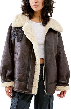 BDG Faux Leather Longline Aviator Jacket in Chocolate at Nordstrom, Size X-Small