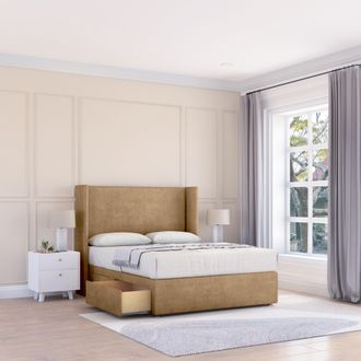 Sloomy Devonshire Dumfries Wingback Bed Set, 2 Drawers & 54 Floor Standing Headboard in Light Beige | Size: Super King