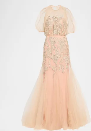 Lela Rose Ikat Floral Embroidered Tulle Trumpet Gown