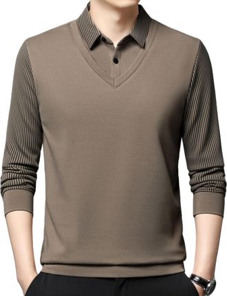 Generic Mens Striped Lapel Fake Two-Piece Shirt, Business Casual Long Sleeve Knit Shirt with Faux Two-Piece Design (UK, Alpha, L, Regular, Regular, Brown)