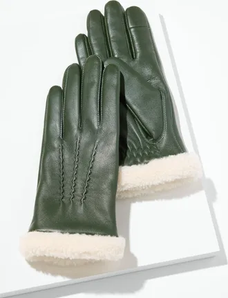 Talbots Shearling Trim Leather Gloves - Nori - Medium Talbots