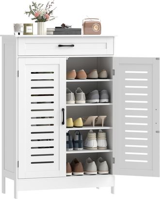 HOMCOM Homcom Mueble Zapatero, Armario Para Zapatos Con Caj&oacute;n, Puertas De Rejilla, Estantes Ajustables, Para 20 Pares De Zapatos, 78x37x115,8 Cm, Blanco